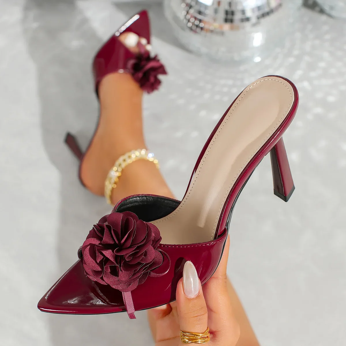Newly Quality 9CM/3.54inch Heel Summer Flower Women Slipper Designer Heels Banquet Sandals Red Slides Shoes
