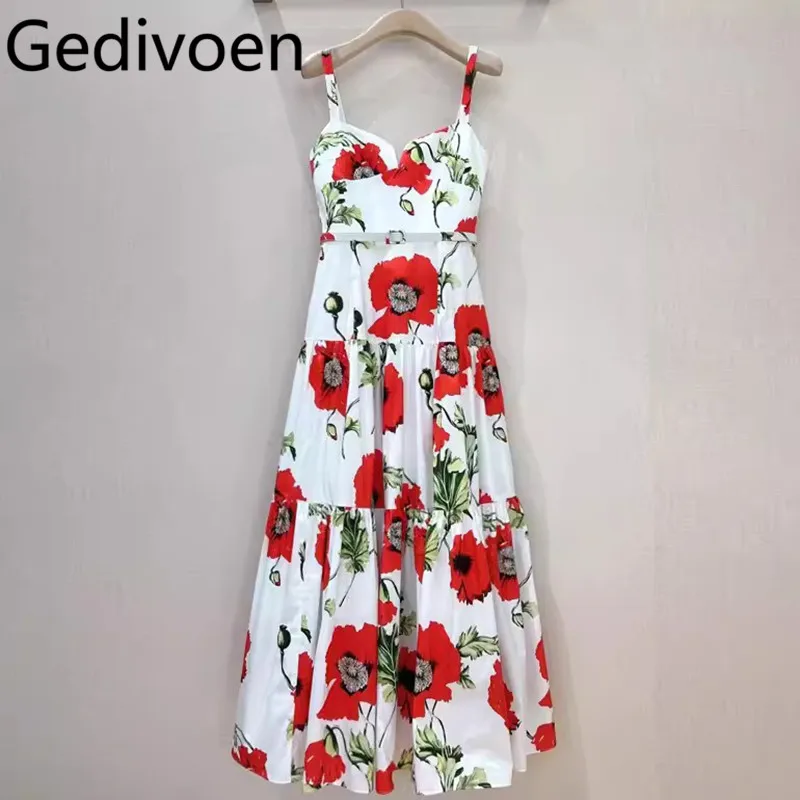 

Gedivoen Summer Fashion Runway Designer Dresses Women's Bohemian Floral Print Sashes Ruffle Hem Spaghetti Strap Elegant Dresses