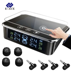 E-ACE Solar TPMS Car Tire Pressure Alarm Monitor Smart System Security Alarm Display Tyre Pressure Temperature Alarm 4 Sensors