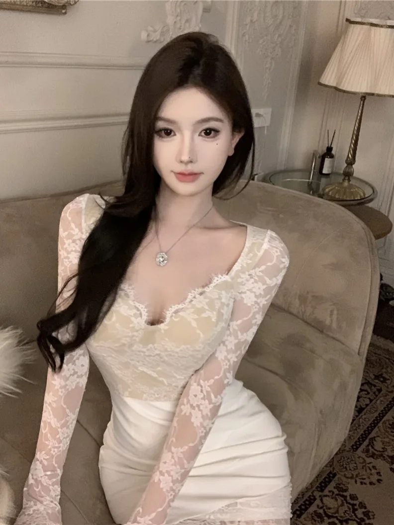 Retro V-Ne Lace Trim Waist Cinched Asymmetrical ort Dr Autumn Slimming Fit Korean Sle Long Sve A-Line Skirt