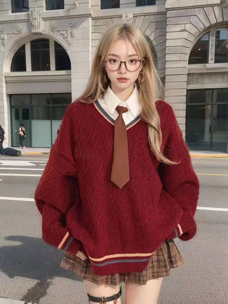 Suéter de Punto con Cuello en V Color Vino Tinto Navideño, Moda Femenina 2023, Nuevo Estilo Retro de Otoño Invierno, Top con ...