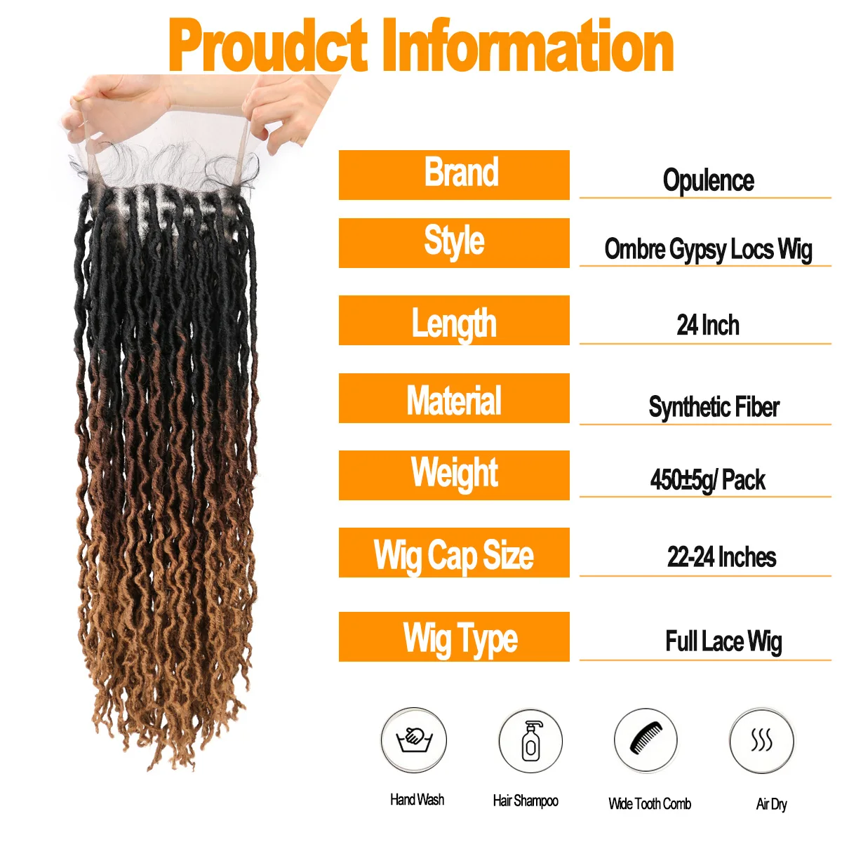 Parrucca piena in pizzo ondulato Gypsy Locs con i capelli del bambino 24 pollici parrucca sintetica marrone Ombre senza nodi morbida finta Locs parte quadrata parrucca Dreadlock