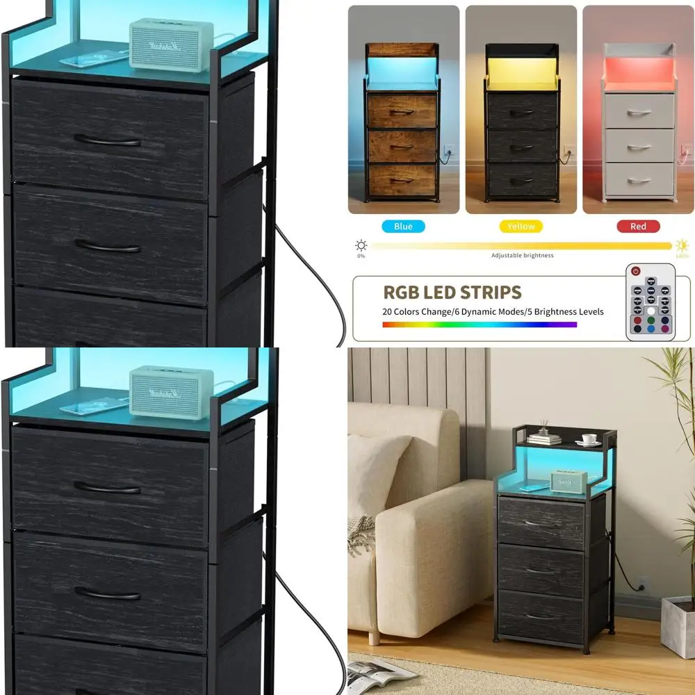 Black Bedroom Nightstand with 3-Drawer Fabric, USB Ports, and Charging Station
