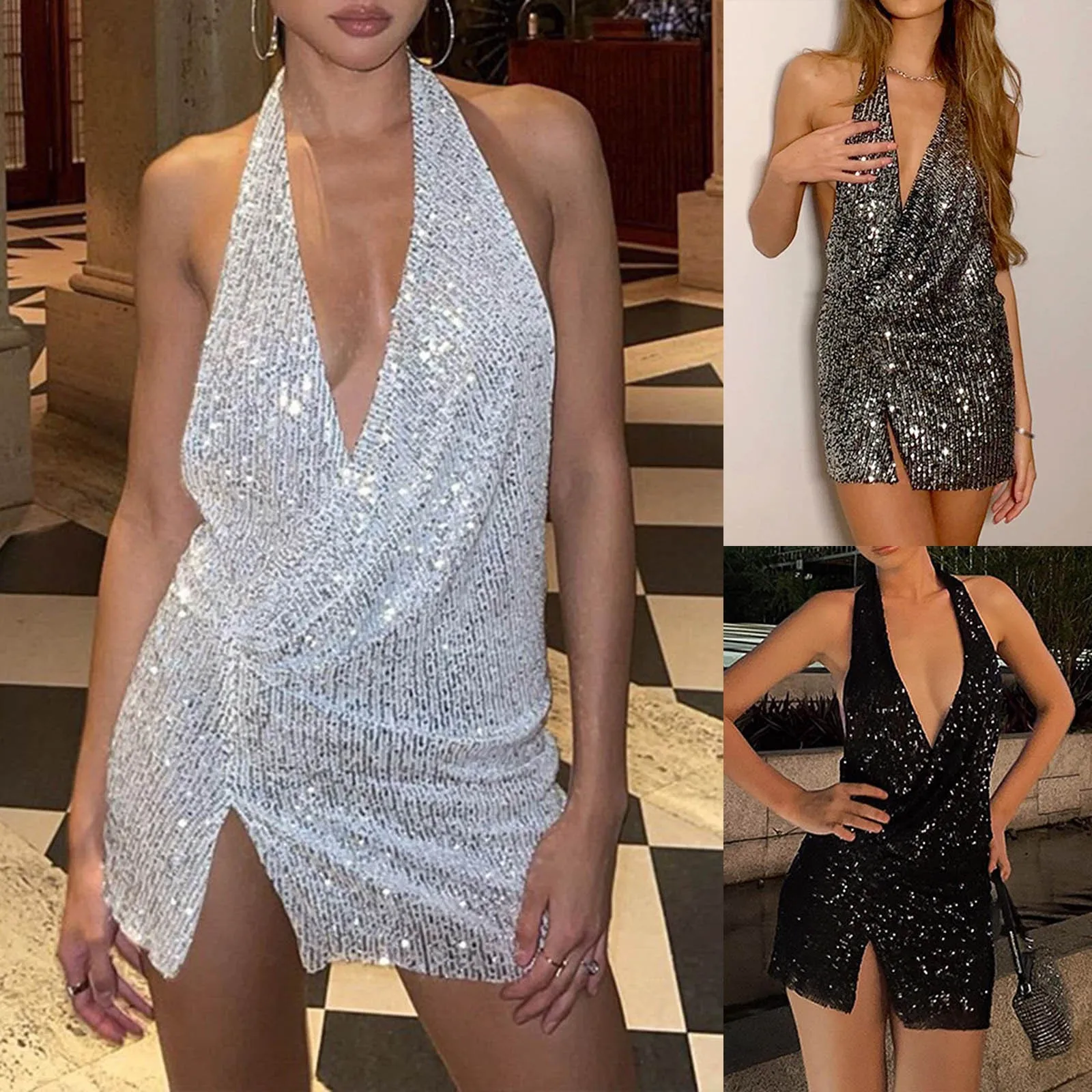 

Women's Sexy Sparkly Sequin Bodycon Hanging Deep V Neck Hollow Out Mini Dress Backless Buttocks Wrapped Sexy Dresses For Women