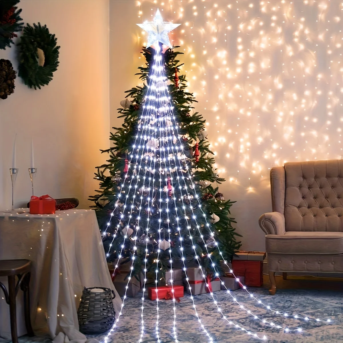 Solar-Powered LED Christmas Star Waterfall Lights, 8 Modes - Indoor/Outdoor Decoration for Christmas Tree, Garden, Curtain