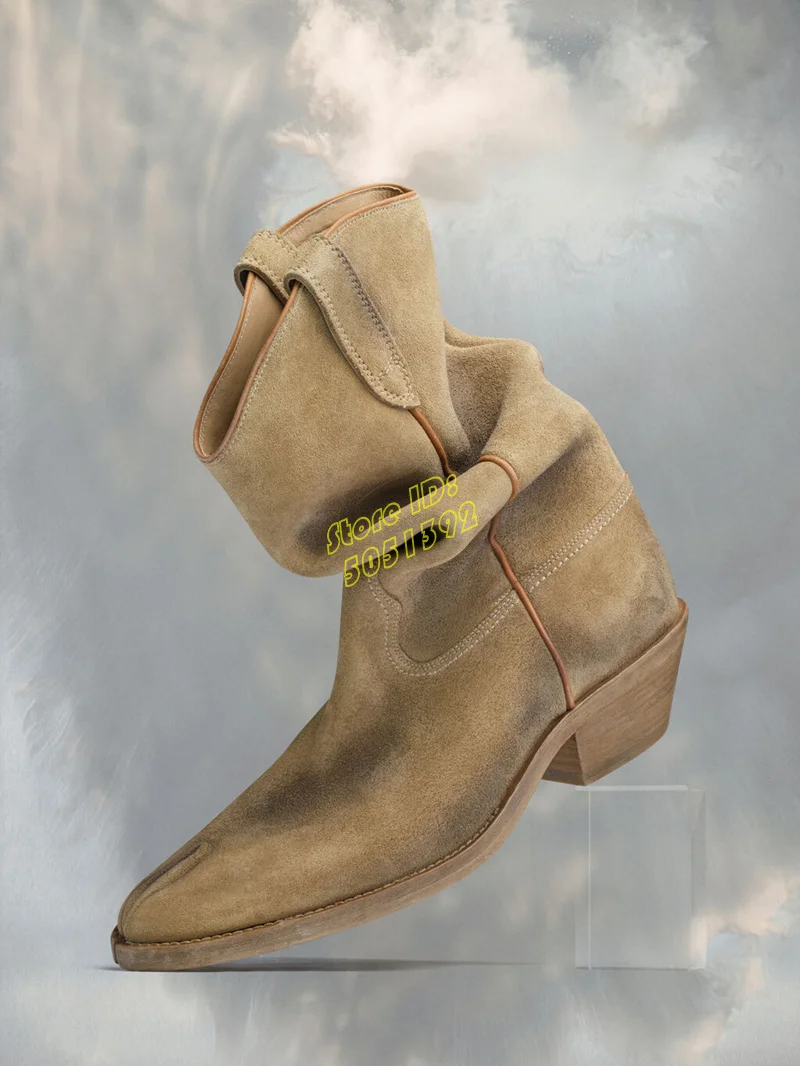 

Slouchy Suede Sexy Pointy Toe Ankle Booties Block High Heel Slip On Split Toe Western Women Dress Shoes Chunky Heel Shoes