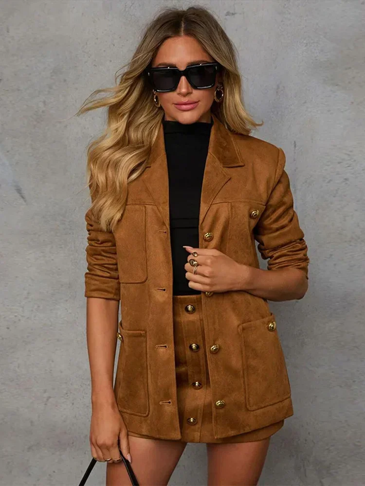 Vintage Brown Suede Jacket For Women Elegant Lapel Single Breasted Suit Blazer Coat Elegant Office Lady Autumn Street Outerwear