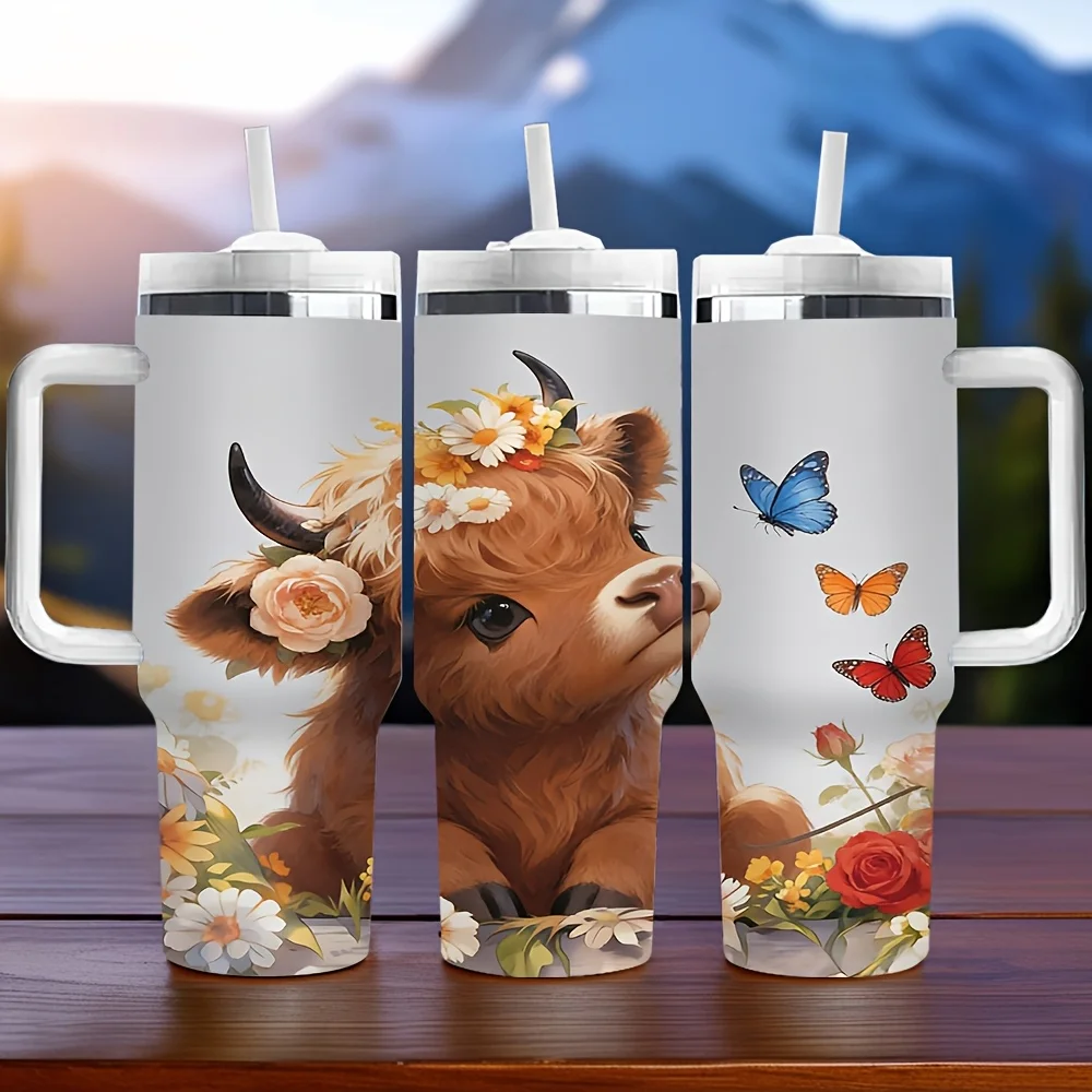 40Oz Insulated Tumbler with Handle, Printed with Cute Highland Cow, Flowers And Butterflies, Keeps Temperature for Long Time, Perfect As Holiday Birthday Gift, Suitable for Daily Use And Outdoor Activities