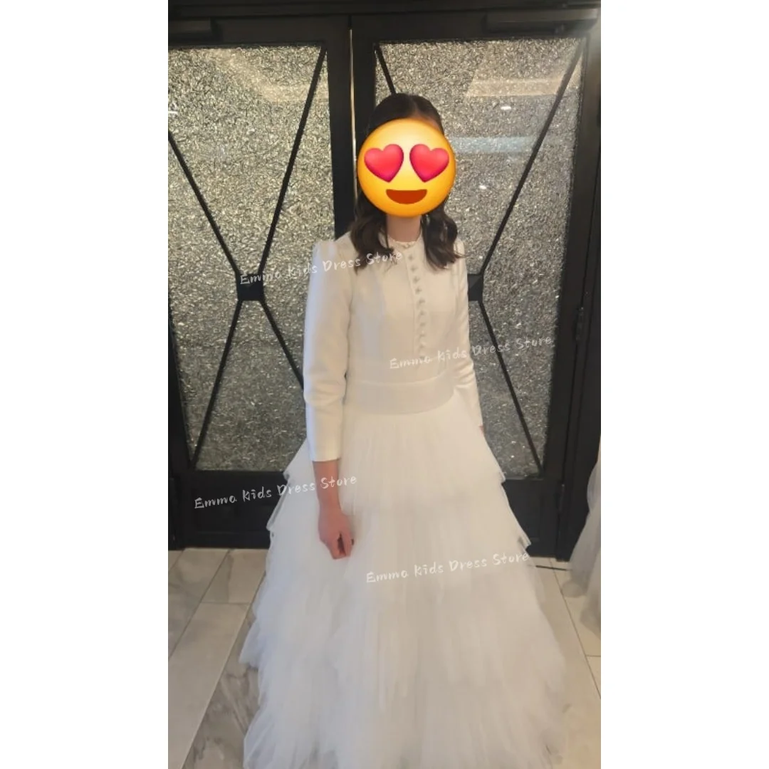 Custom White 2-Piece Flower Girl Dress Long Sleeve Jacket Tiered Tulle Skirt First Communion Wedding Gown