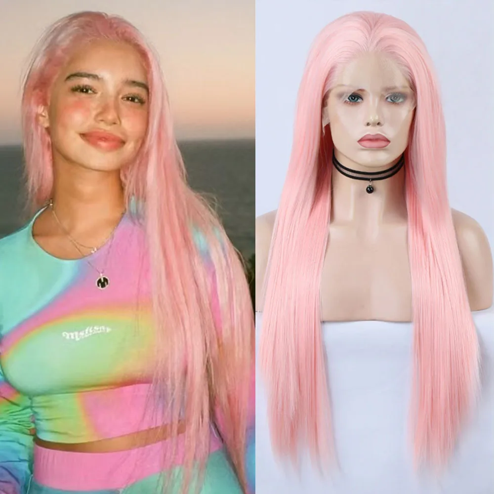 وردي فاتح طويل مستقيم الشعر المرأة تأثيري شعر مستعار اصطناعي الحرير طويل فقاعة الوردي الحرارة الألياف الدانتيل الجبهة الباروكات الوردي موضة الشعر #1