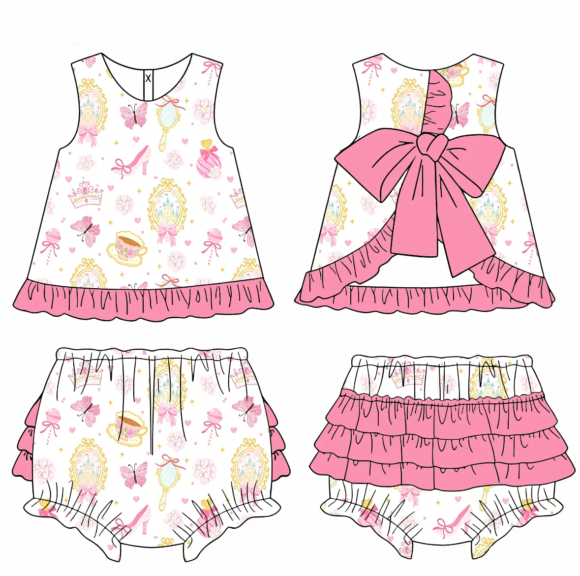 

Strawberry and Floral Print Girl's Summer Pink Ruffled Sleeveless Top and Shorts Boutique Set
