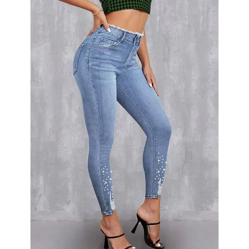 

2026 Lady Fashion Pearl Decoration Jeans Women Stretch Slim Fit Cropped Ankle Denim Pants Girls Solid Narrow Leg Pants