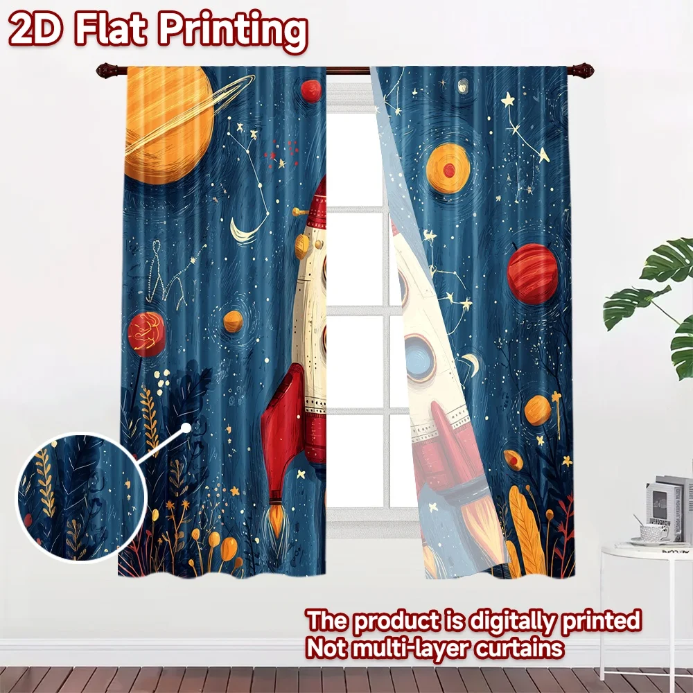 2D flat 2pcs Curtain Retro Country Style Curtains Space Rocket and Planets Digitally printed polyester, colorfast Birthday Party