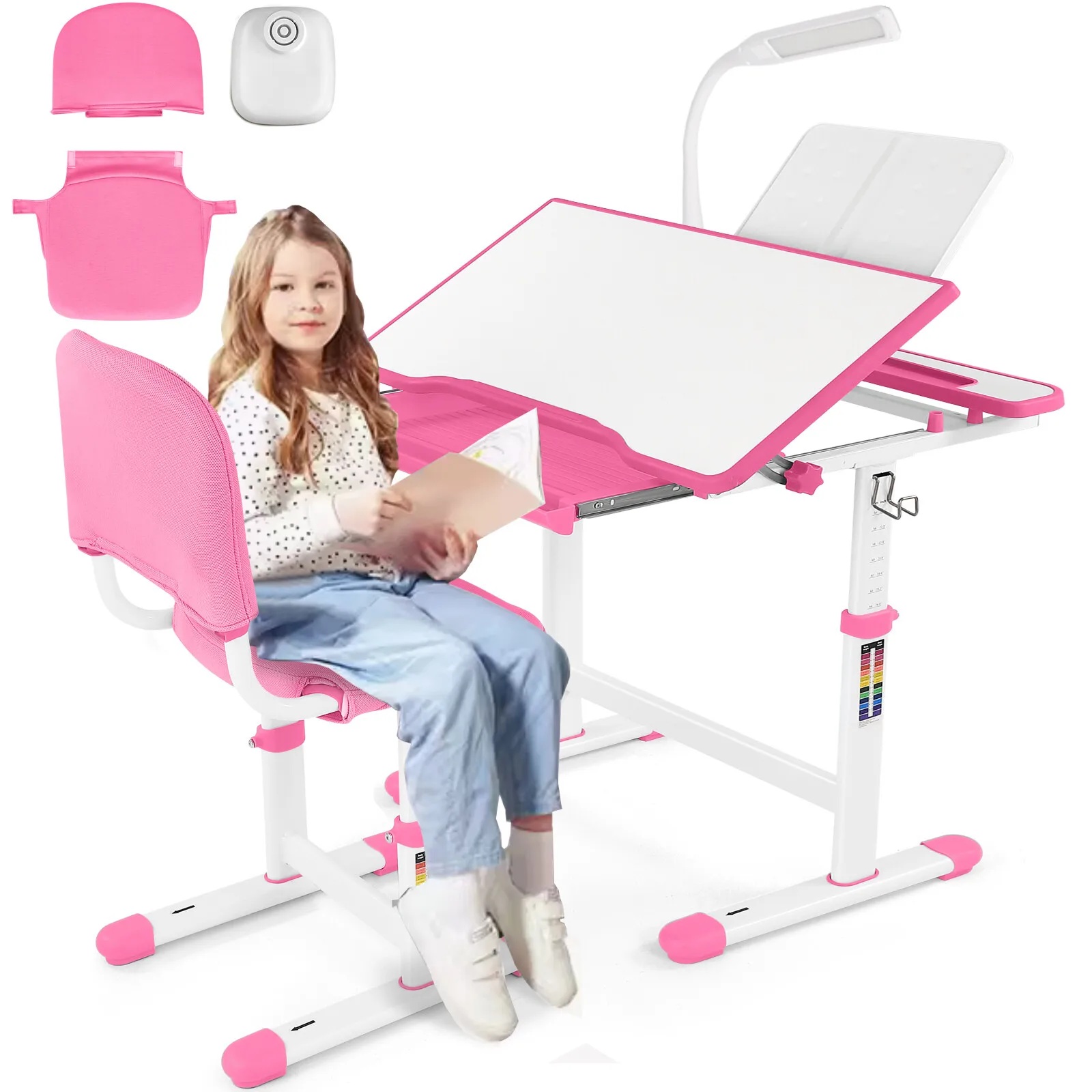 Pink Kids Desk Chair Set Height Adjustable Study Table w/Lamp,Drawer,Chair Cover