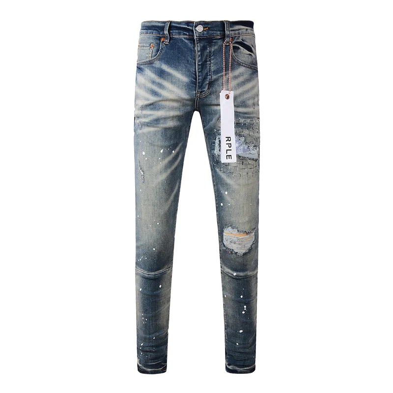 

Light Indigo Distressed Stretch Skinny American Streetwear Style Purple Slim Fit Destroyed Holes Brand Ripped Jeans