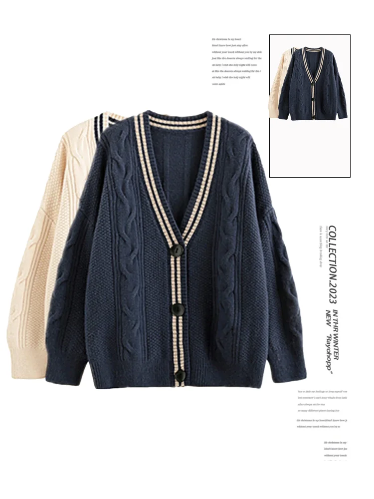 Women Navy Patchwork Knit V-Neck Cardigan Sweater Harajuku 90s Y2k Preppy Style Long Sleeves Sweaters Vintage 2000s Clothes 2024