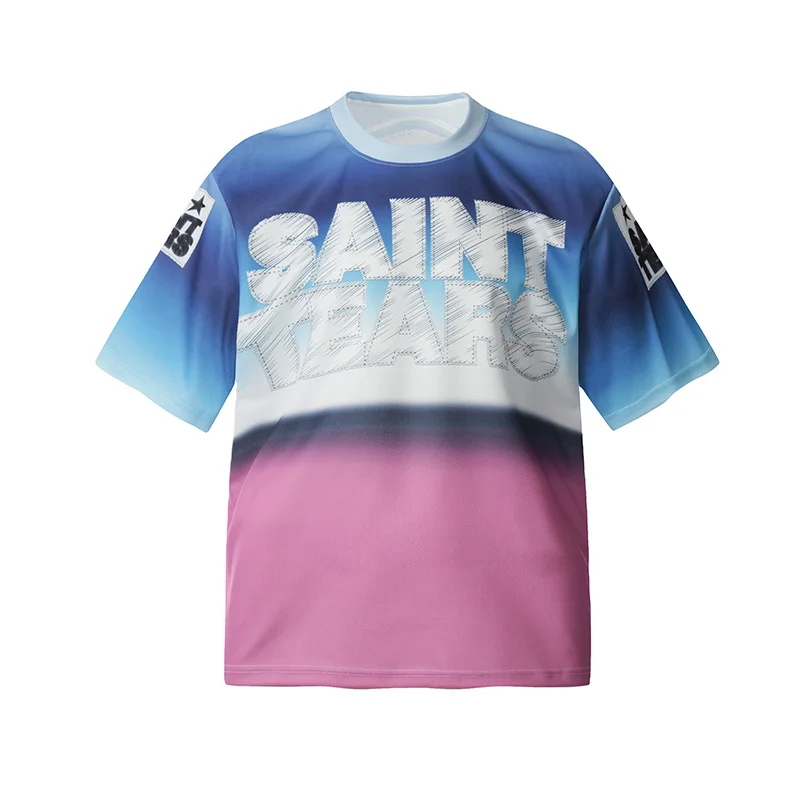 Hip Hop Pink Blue Color Blocking Gradient Saint Mesh T Shirt Top Quality Oversized Short Sleeve TEE Logo Print T-Shirt Men Women