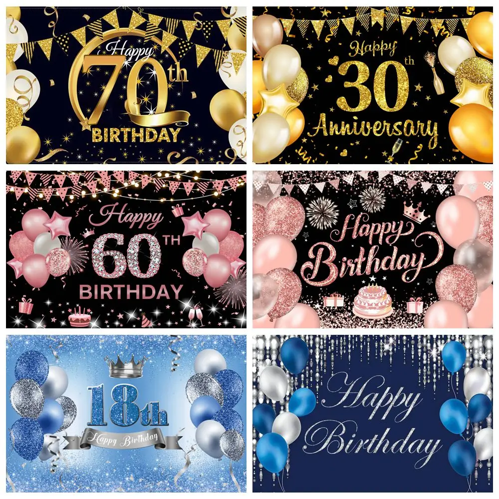 

Adult Happy Birthday Party Decor Backdrop Glitter Golden Balloon Wedding Customize Photocall Background Photography Banner Prop