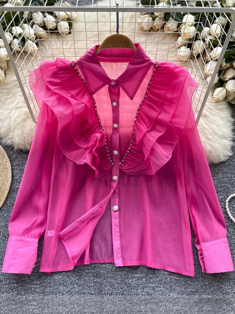 Chic Sexy Ruffles rhinestones shirt for women Club See-through organza long sleeve blouse Solid color Tops 2024 New INKEO 4T192