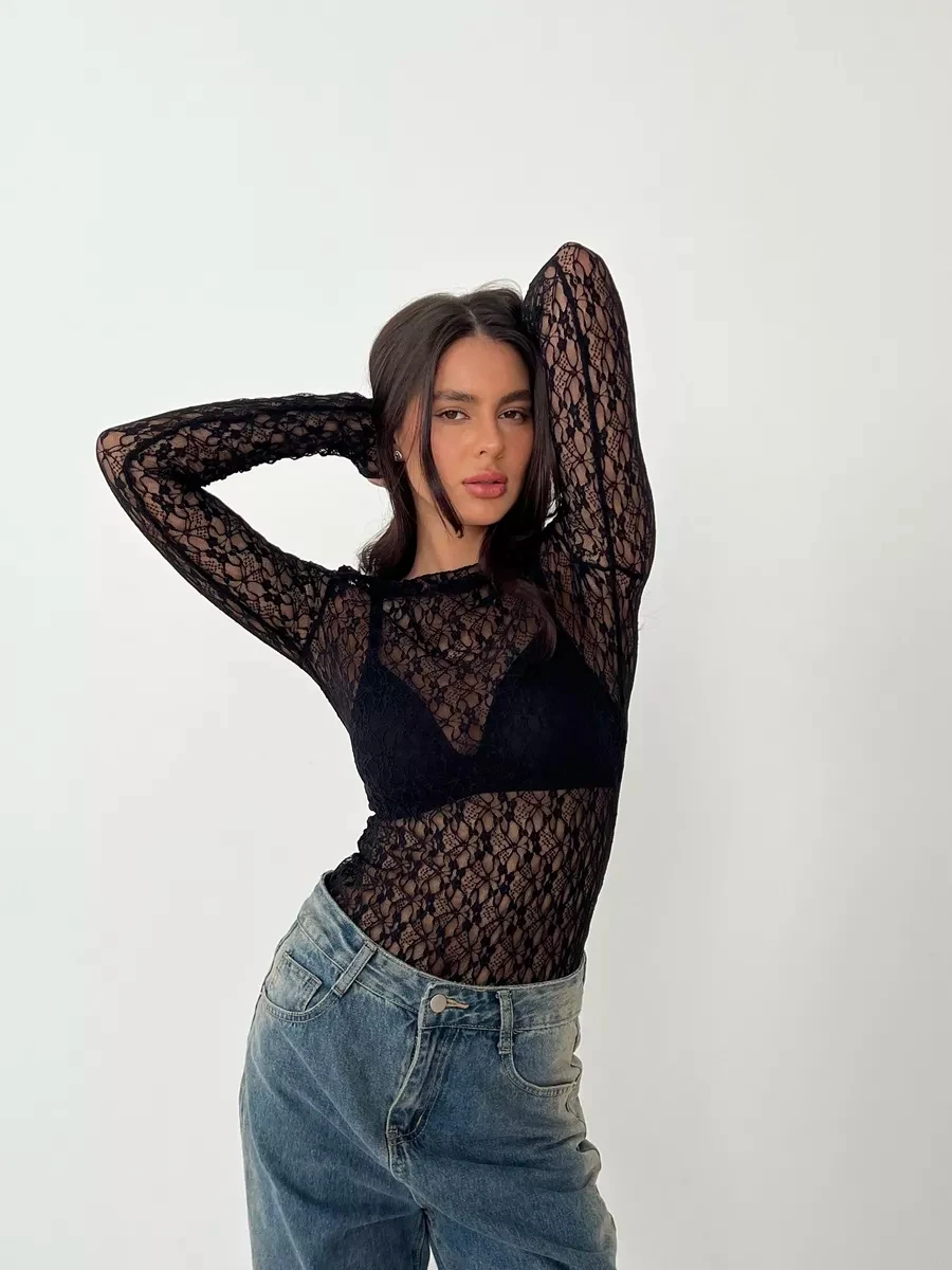 Women\'s Y2k Sexy Club lace mesh Long Sleeve Blouse with wavy edges slightly translucent short fit slim fit outerwear Top