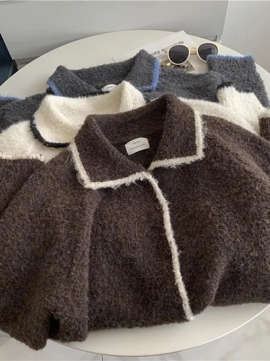 Korean Sle Women's Knitted Cardigan Sweater Soft Cozy Lazy Sle Student Autumn Winter Flip Collar Open Front Warm Top