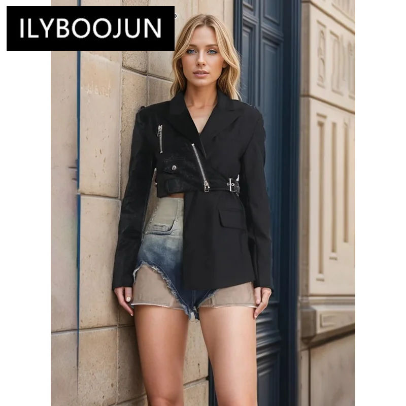 

ILYBOOJUN Solid Irregular Spliced Zipper Blazers For Women Notched Collar Long Sleeve Patchwork Belt Slim Blazer Female New