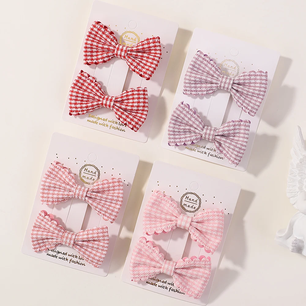 2PCS/Set New Girls Cute Plaid Print Hairpins for Kids Children Sweet Headband Hair Clips Barrettes Fashion Bow Hair Accessories