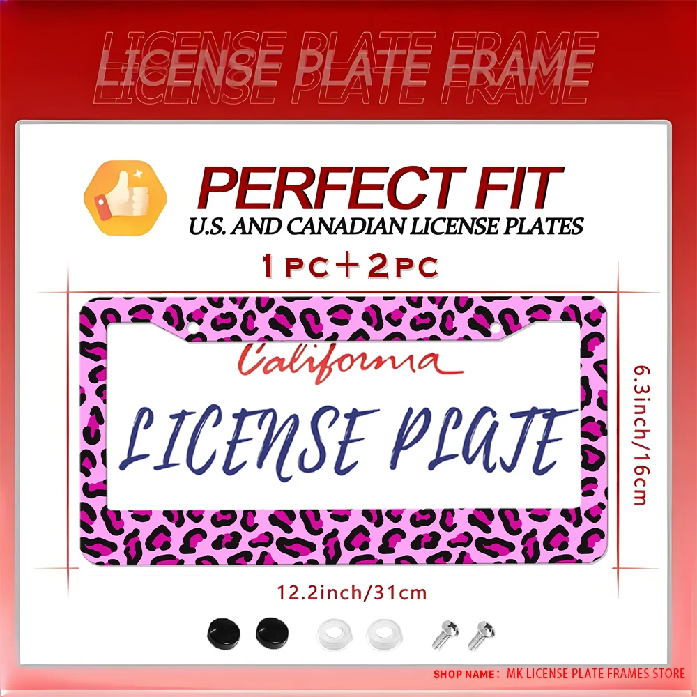 إطار لوحة ترخيص من الألومنيوم بطباعة الفهد الوردي مع مجموعة براغي، هدية تزيين السيارة الجديدة، 6 × 12 بوصة #1