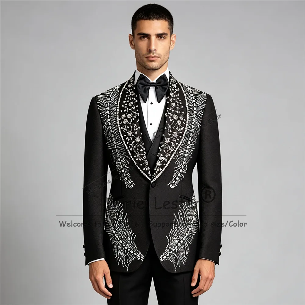 Customized Men's Suits Luxury Crystal Beads Wedding Groom Tuxedo Shawl Lapel Business Blazer Slim Fit 3Pcs Ropa Hombreieces