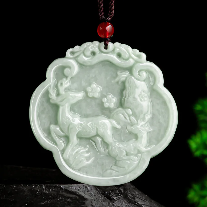 

Natural Myanmar A-grade Jade Light Green One Deer With You Jadeite Pendant Ice Type Pendant Flower Pieces Men's Women's Jewelry