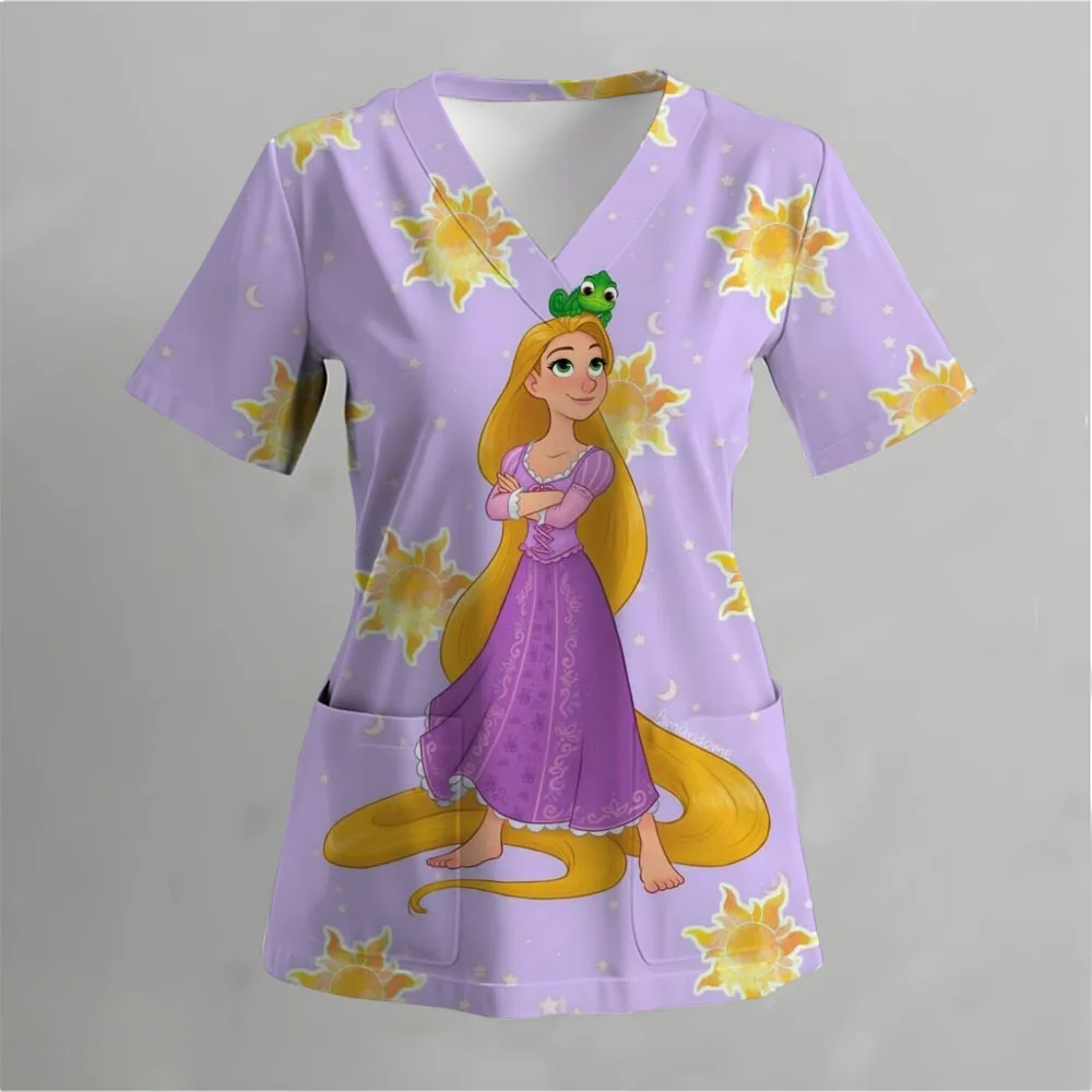 Disney Princess Women's V Neck Nurse Uniform T-Shirt Pocket Summer New Dress Woman Clothing 2024 Cheap Top Y2k S-3XL Kawaii Tops