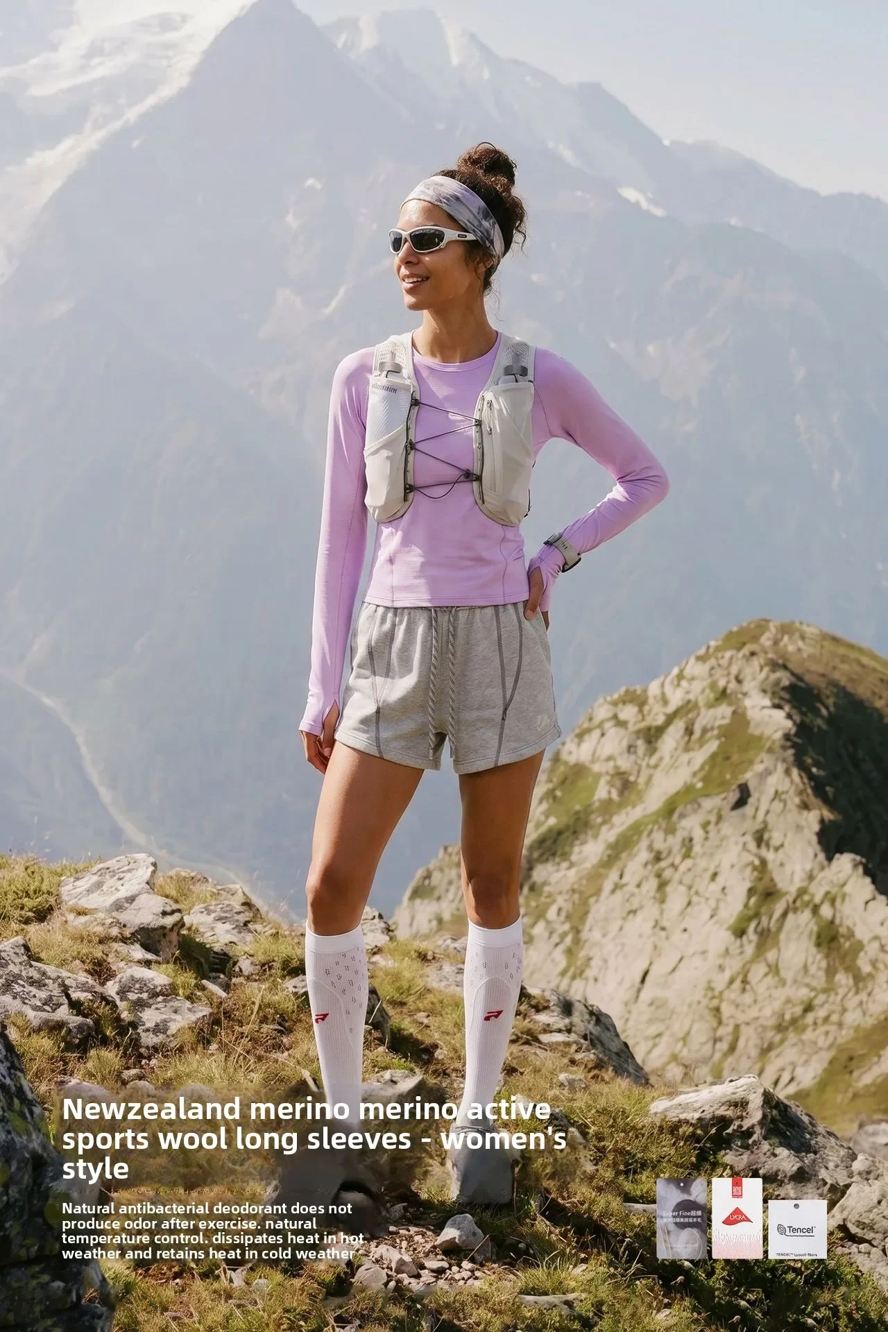 Damen Merino-Wollmischung Baselayer Langarmshirt Leichtes Atmungsaktives Sportoberteil für Wandern Laufen Schnelltrocknend Outdoor – Detail 5