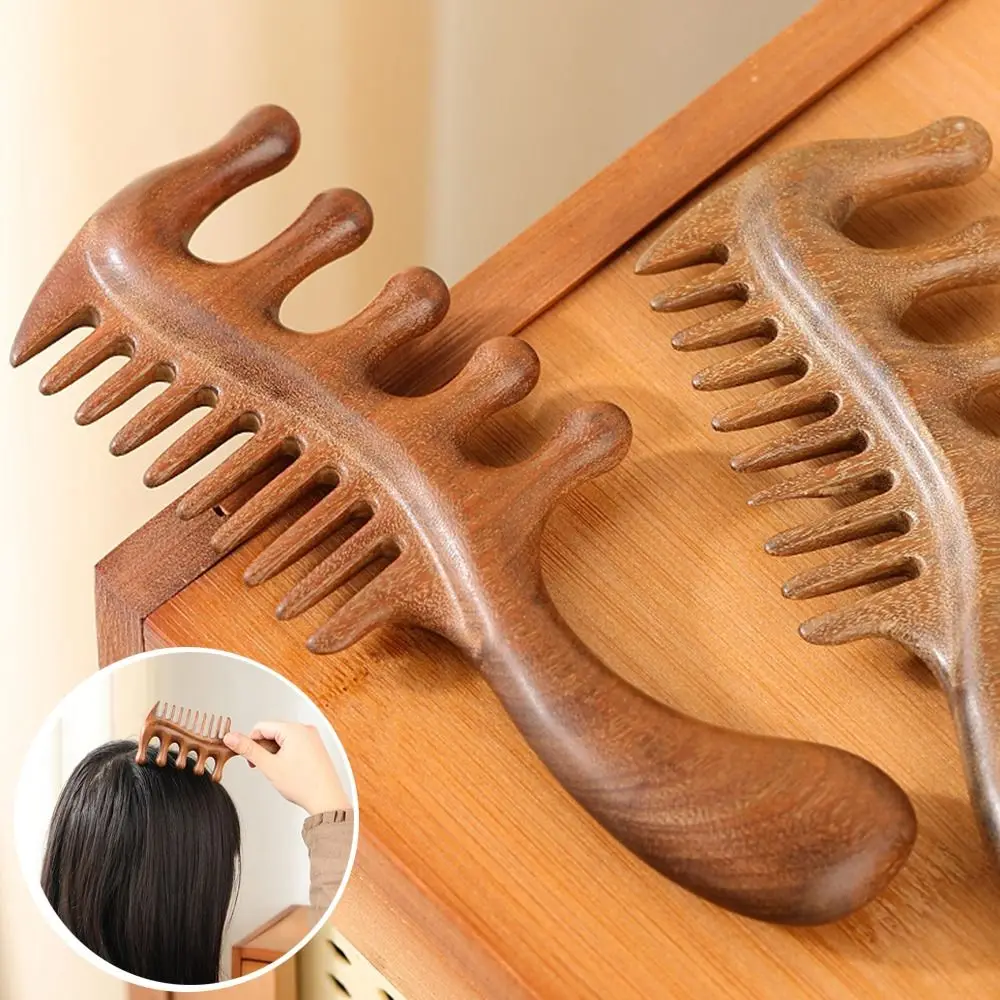 Large Tooth Scalp Massage Comb Wide Thick Anti-Static Natural Sandalwood Hairbrush Dual-purpose 2 in 1 Wooden Scalp Massager