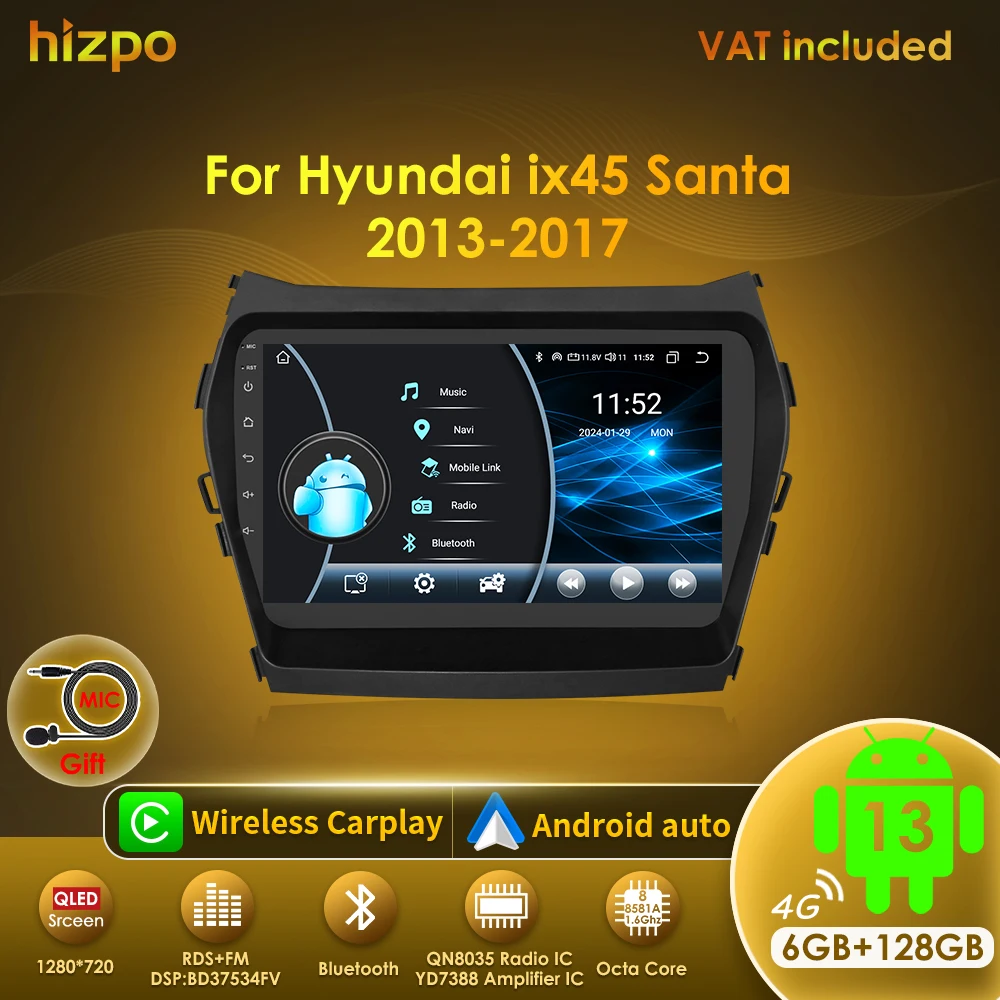 Hizpo 9 Inch Car Radio For Hyundai IX45 Santa Fe 2013-2017 Stereo Android Auto Wireless Carplay Navigati 2 Din Android Autoradio