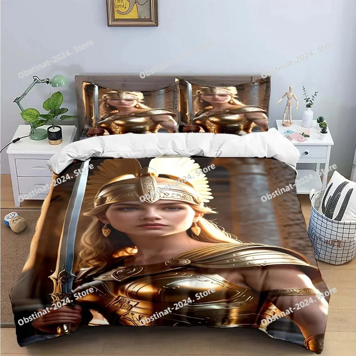 

3D Greek Mythology Athena Print Creative Print Duvet Cover Pillow Case Bedding Set Four Season Large Three Piece Flat Sheet Set
