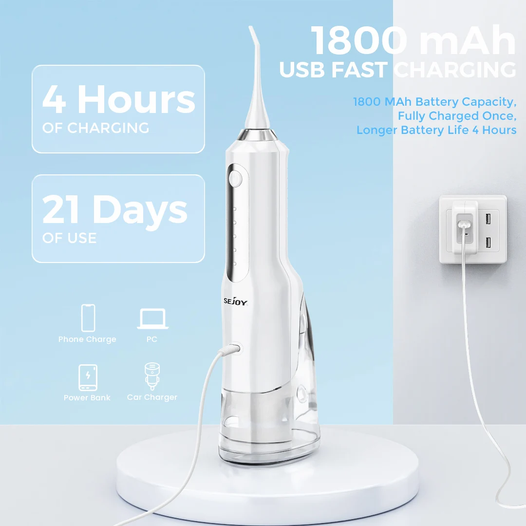 Sejoy جهاز تنظيف الأسنان بالماء الكهربائي اللاسلكي للأسنان المحمولة الأسنان عن طريق الفم الري قابلة للشحن اختيار المياه الأنظف للثة الصحية