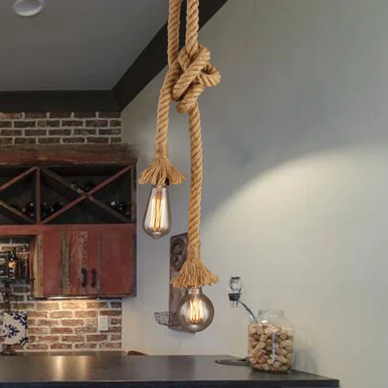 Hemp Rope Retro Pendant Light Vintage Single Head Double Heads Industrial Hanging Lamp Edison Chandeliers Kitchen Accessories
