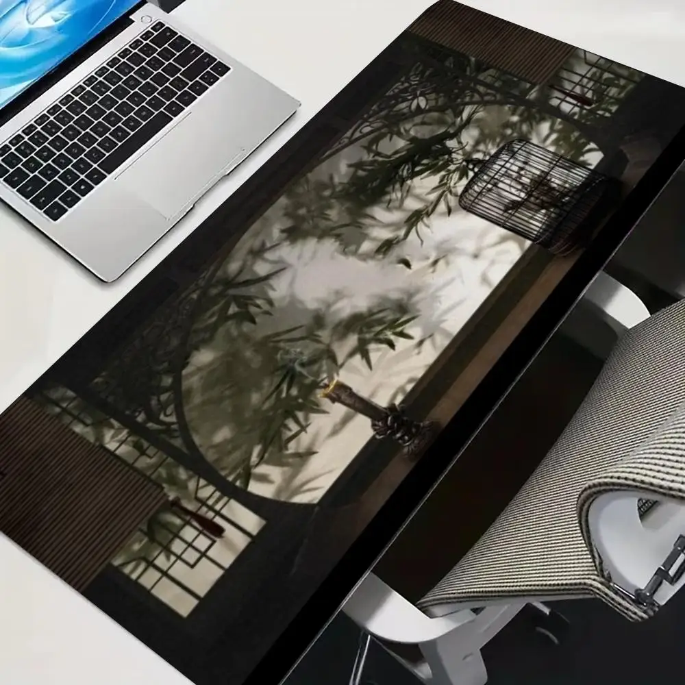

Oriental Serenity mouse pad: Immerse in the Tranquil Ancient Courtyard Scene with Bamboo, Candle, and Birdcage