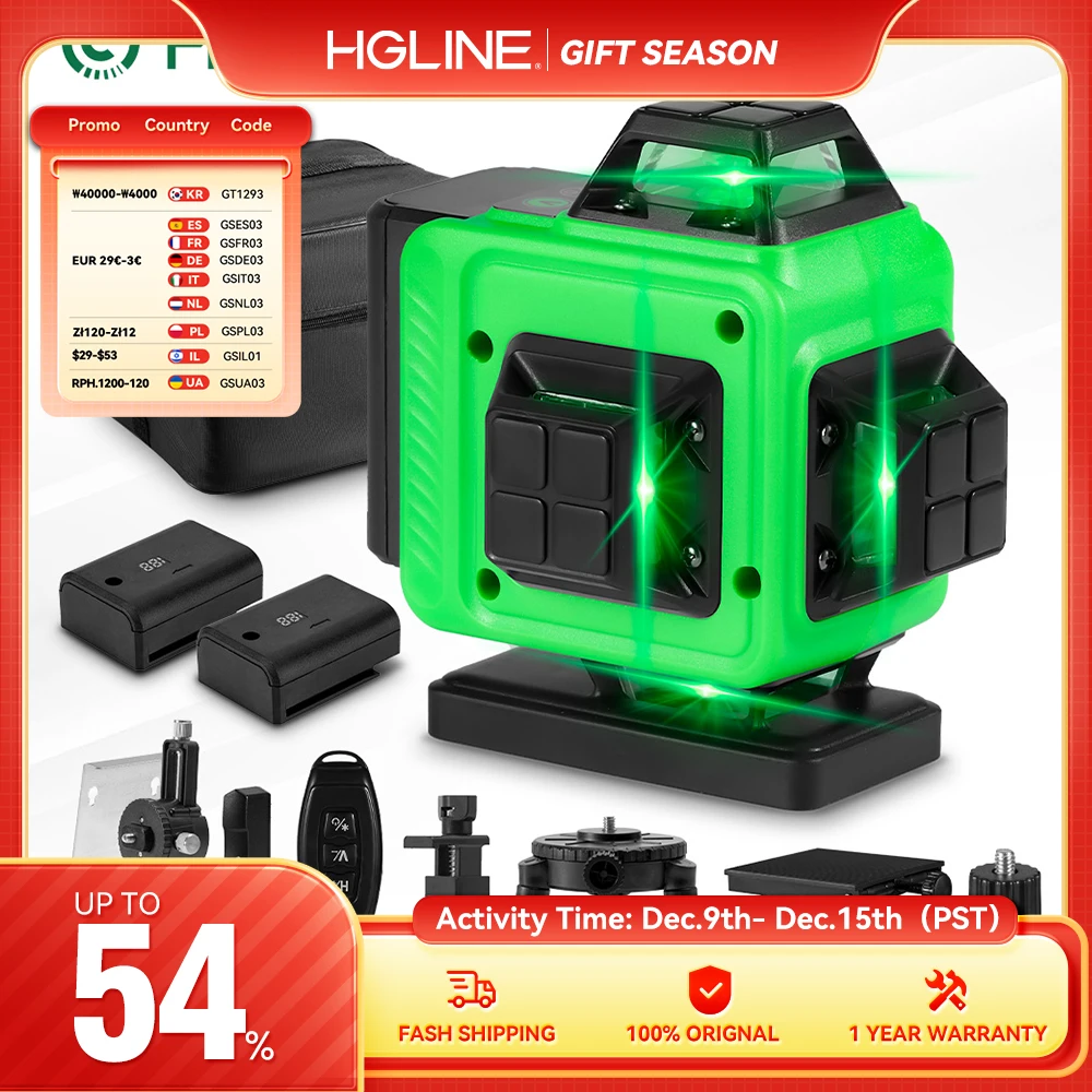 HGLINE Mini 4D/3D 16/12 Lines Laser Level Cordless 4x360° Cross Self-Leveling Measurement Construction Tool With 2pcs Batteries