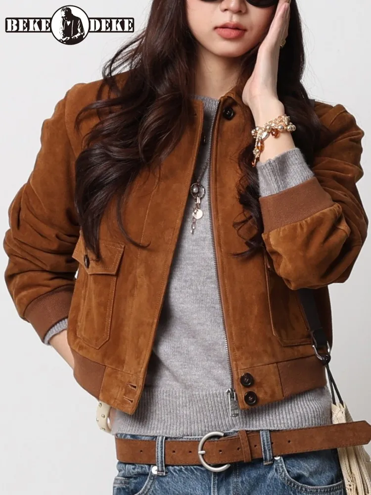 Leisure Ladies Zipper Button Genuine Leather Jackets Solid Color Turn Down Collar Long Sleeves Pockets Sheepskin Outwear