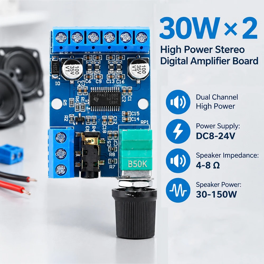 30Wx2 Digital Amplifier Board High-Power Low-Noise Stereo Modules 12V 24V Power Supply DIY Amplifier Module DY-AP3015