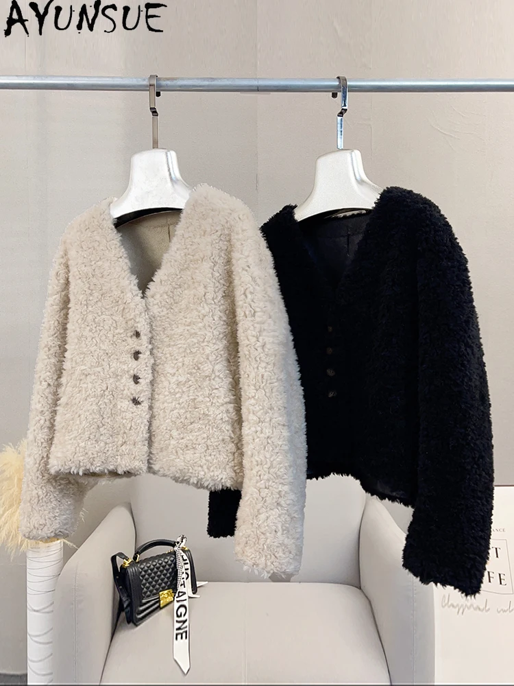 AYUNSUE 100% 천연 양모 여성 자켓 v 넥 짧은 양 모피 자켓 여성 의류 가을 겨울 겉옷의 새로운 Abrigo Mujer