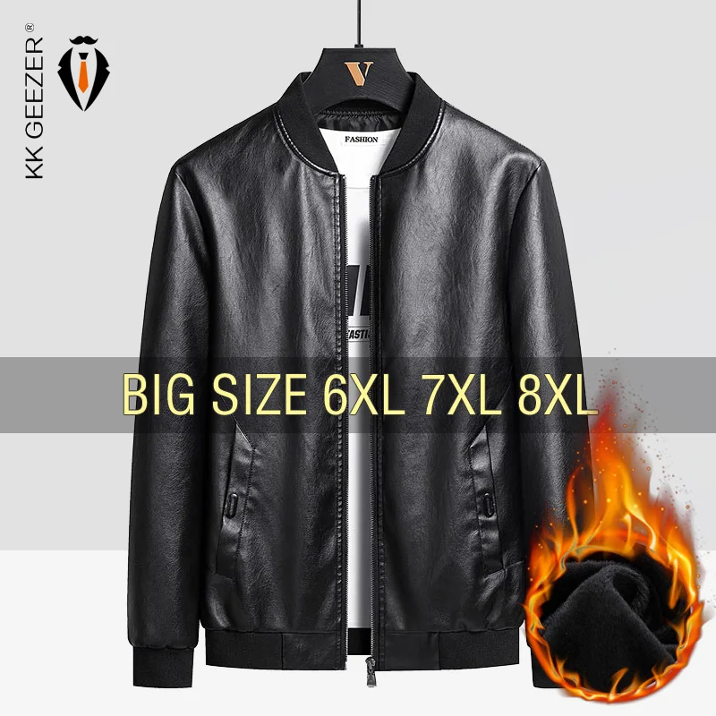 Leather Jacket Men Coats Plus Size 6XL 7XL 8XL Oversized Windproof Motorcycle Autumn Brand Fleece Black Zipper Winter Overcoat