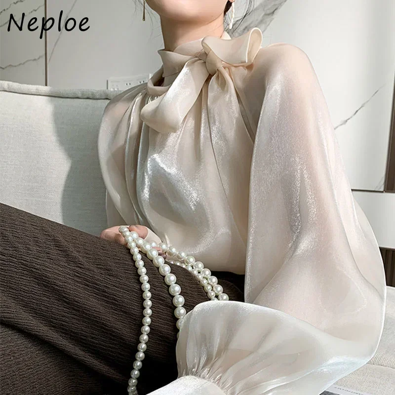 Neploe Early Spring Vintage Blusas Mujer De Moda 2024 Stand Neck Bandage Bowknot Streamer Blouses Solid Color Long Sleeve Shirts