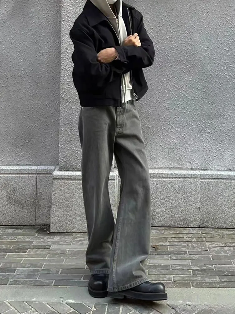 Amerikanischer Retro-Stil Herren-Jeanshose Einfarbige Lässige Hochgeschnittene Schlaghose Street Fashion Weite Jeans für Männer und Frauen – Detail 5