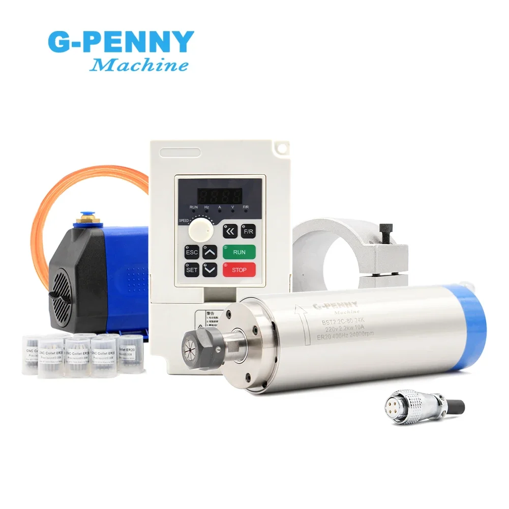 

Water Cooled Spindle 2.2kw ER20 220v with QL Inverter,water Pump,bracket,collet, Spindle Motor Kit