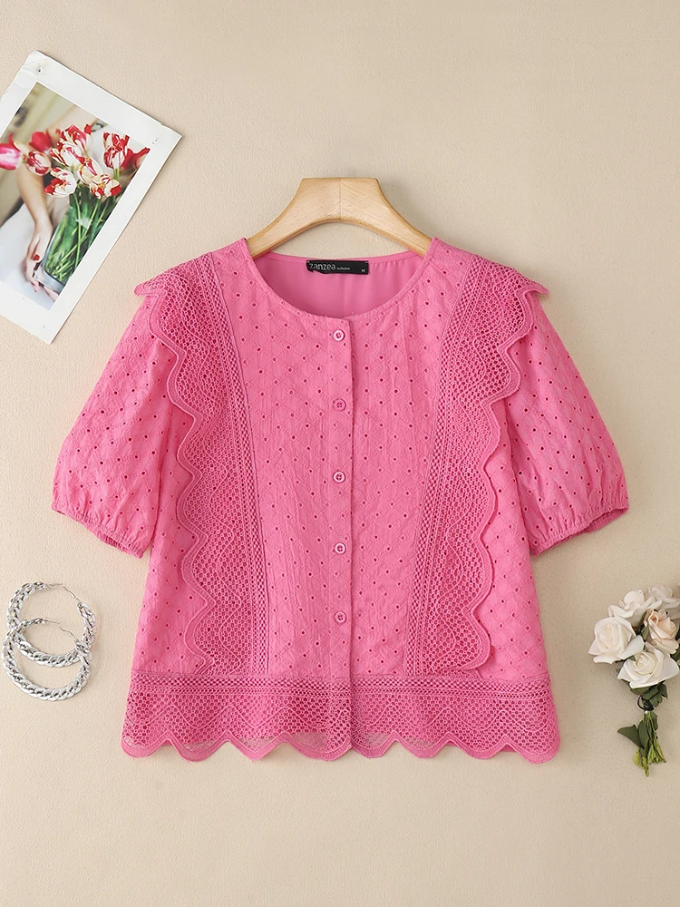 ZANZEA 2025 Elegant Summer Hollow Out Shirt Women Embroidered Blouse O Neck Short Sleeve Tops Stylish OL Work Blusas Mujer Femme