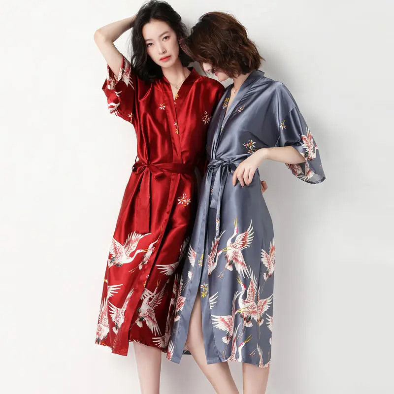 

Pajamas Woman Summer and Autumn Thin Ice Silk Couples' Nightgown Red. Gray Bathrobe Kimono Nightdress sesy sleepwear