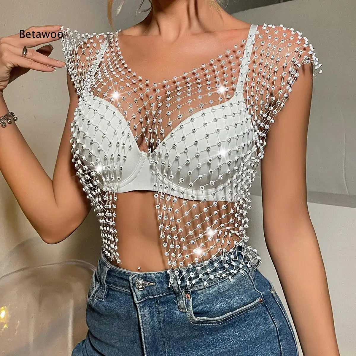 Women Sleeveless V Neck Rhinestone Fishnet Mesh Crop Top Sparkly Hollow Out See Through Slim Club Party Layering Vest