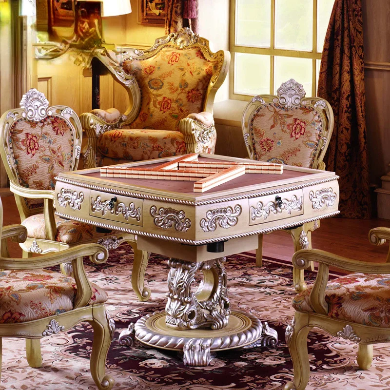 

European style solid wood carved mahjong table with carved patterns and silver tracing dual purpose furniture, fully